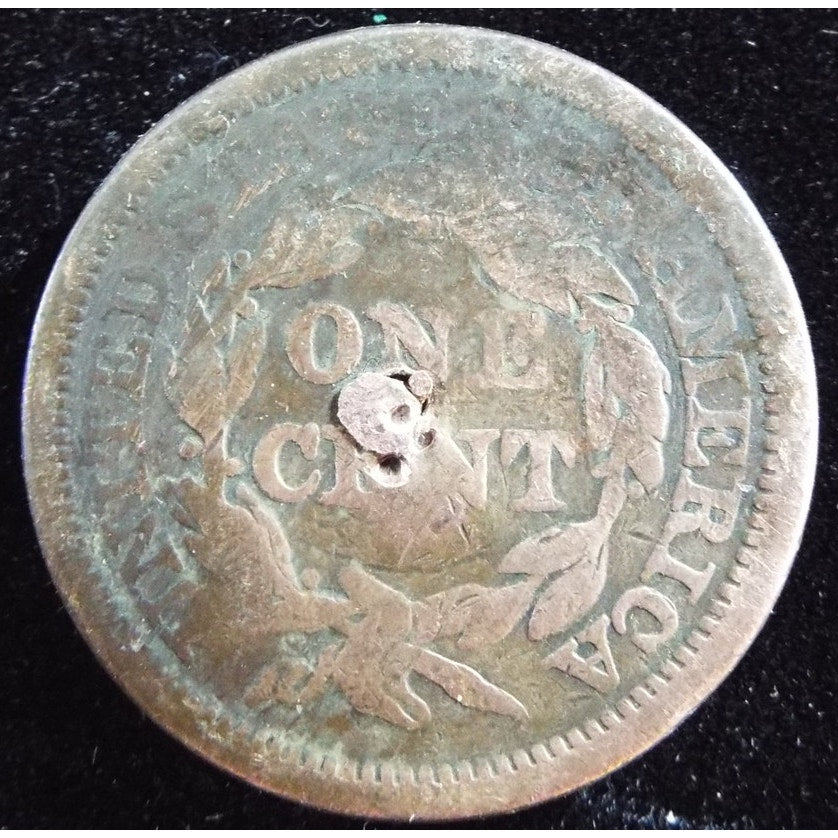 1844 Braided Hair Large Cent reverse drilled early U.S. copper coin