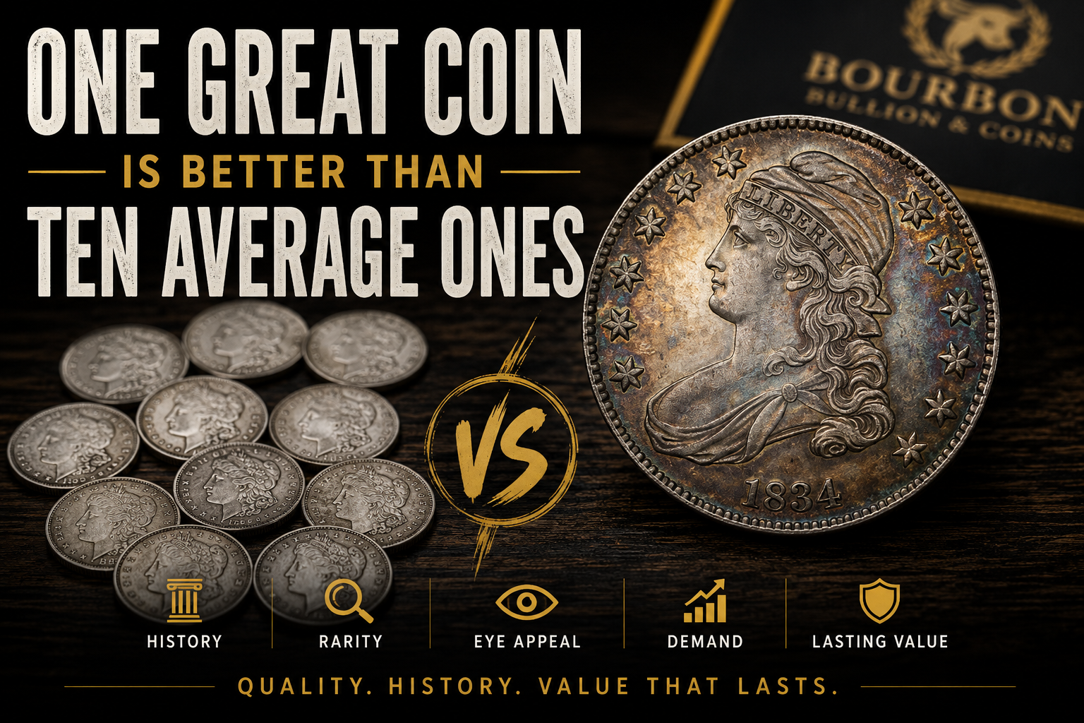 Historic U.S. silver coins including Morgan Dollars and Capped Bust coinage illustrating why collectors often choose quality over quantity.