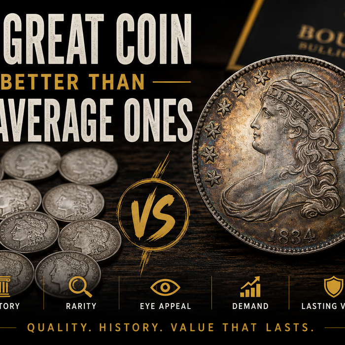 Historic U.S. silver coins including Morgan Dollars and Capped Bust coinage illustrating why collectors often choose quality over quantity.