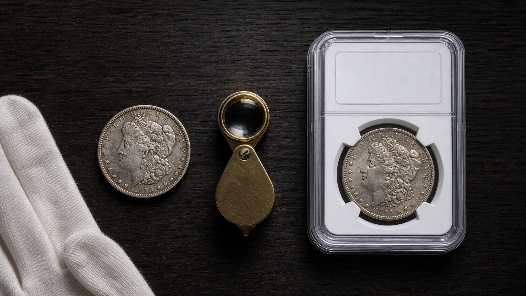 Raw and professionally graded silver coins with a jeweler’s loupe illustrating the coin grading process