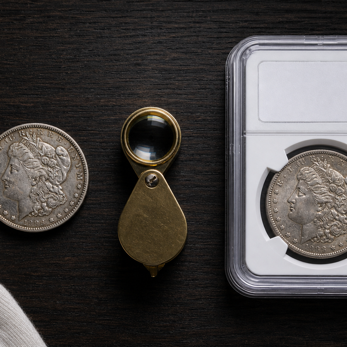 Raw and professionally graded silver coins with a jeweler’s loupe illustrating the coin grading process