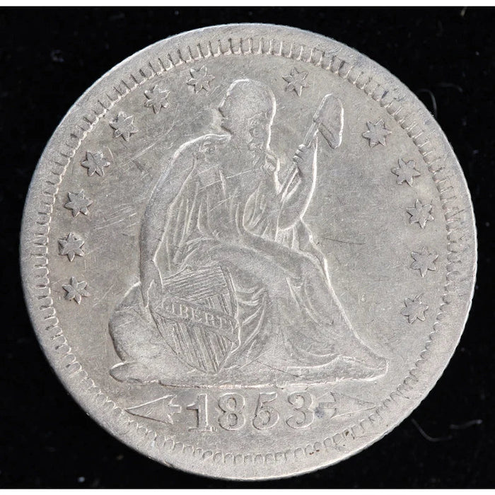 Obverse of an 1853 Seated Liberty quarter with arrows at the date, photographed from Bourbon Bullion & Coins inventory
