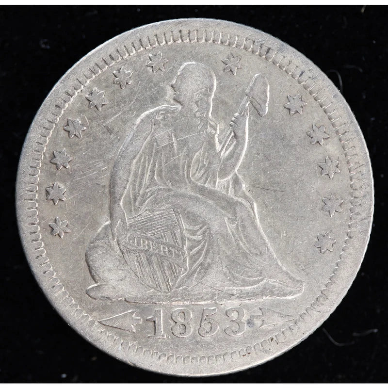 Obverse of an 1853 Seated Liberty quarter with arrows at the date, photographed from Bourbon Bullion & Coins inventory