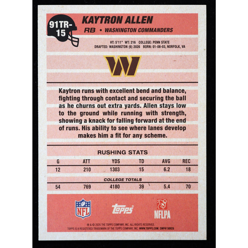 2026 Topps Flagship Kaytron Allen RC 1991 Topps 91TR-15 Football back