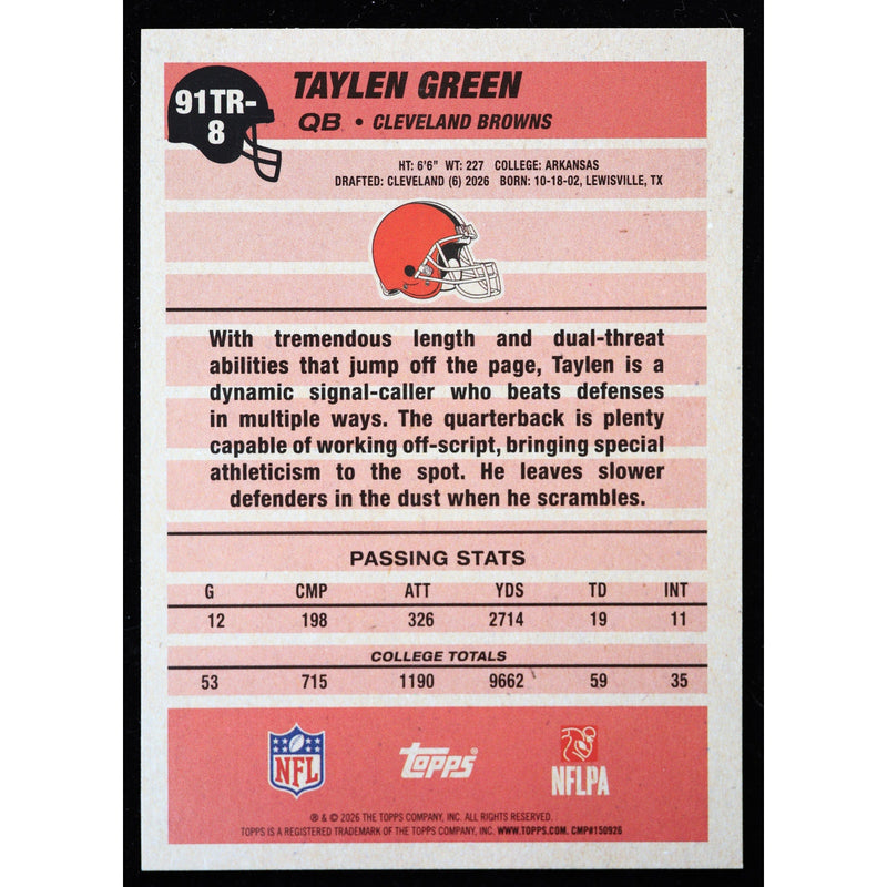 2026 Topps Flagship Taylen Green RC 1991 Topps 91TR-8 Football back