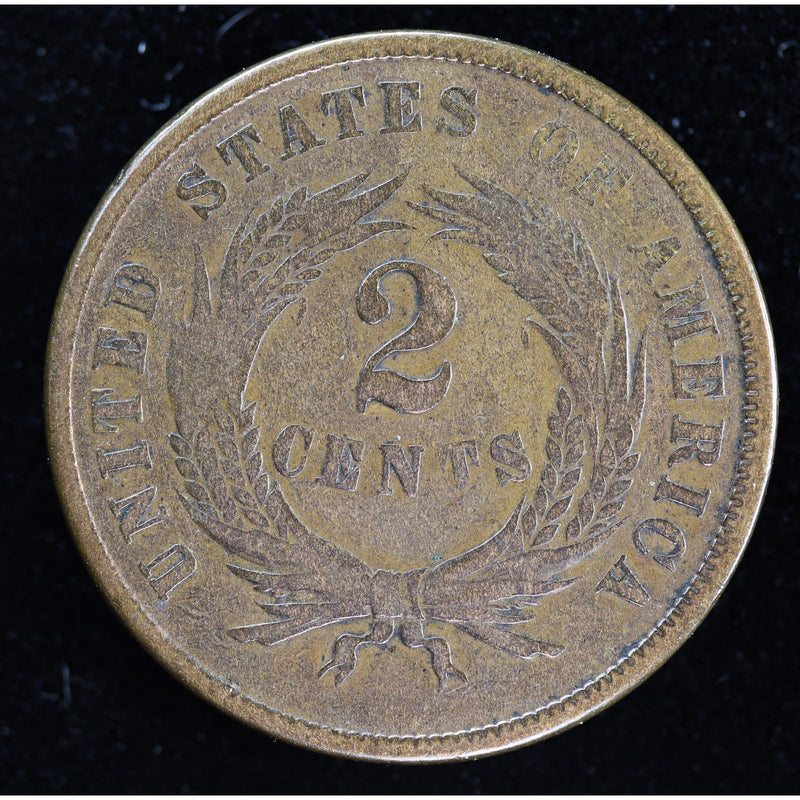 Obverse of 1864 United States Two Cent Piece showing shield and IN GOD WE TRUST motto, exact VF-details raw coin