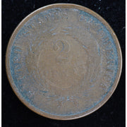 Obverse of 1866 United States Two Cent Piece, raw circulated coin with environmental damage
