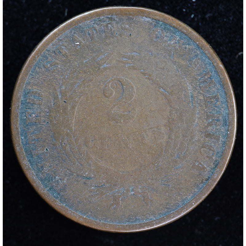 Obverse of 1866 United States Two Cent Piece, raw circulated coin with environmental damage