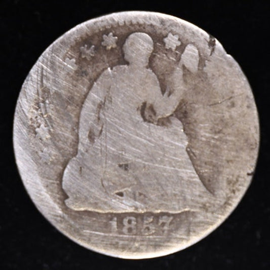 1857 Seated Liberty Half Dime 90 Percent Silver Coin Obverse