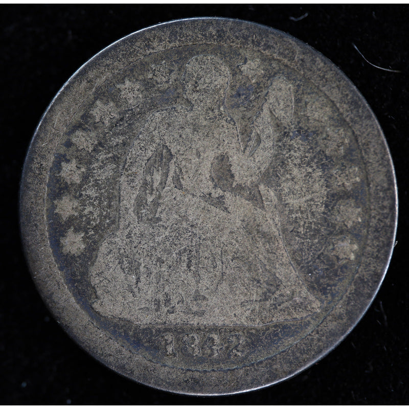 Obverse of 1843-O Seated Liberty dime showing heavily worn Liberty figure, scratches, and dark toning