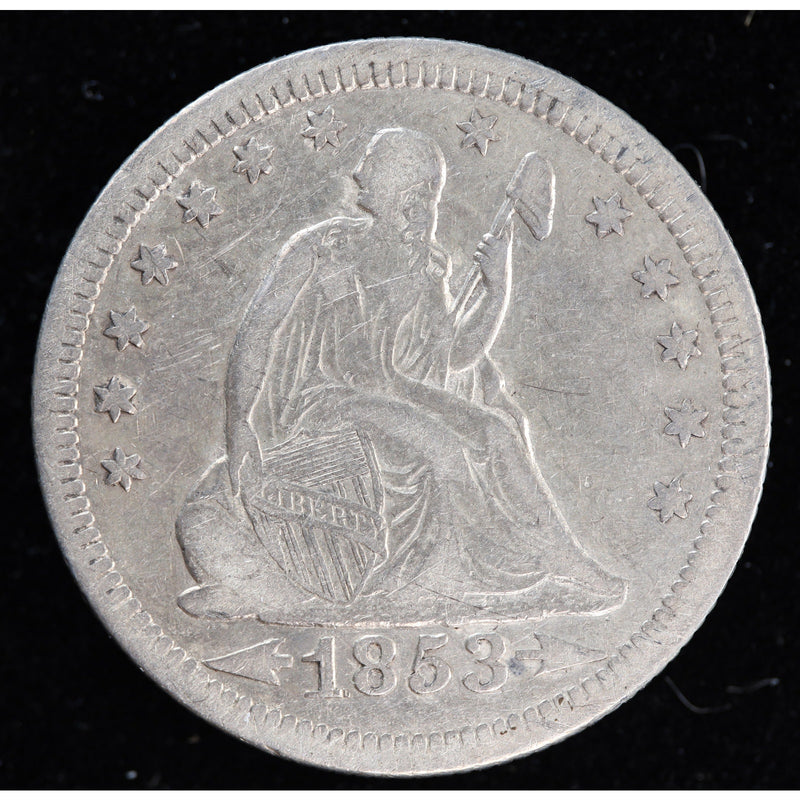 Obverse of 1853 Seated Liberty quarter with arrows at date, visible LIBERTY, and cleaned surfaces