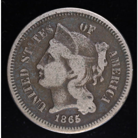 1865 Three Cent Nickel Civil War Era US Coin Strong Detail