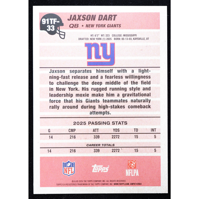 2026 Topps Football Jaxson Dart RC 1991 Topps 91TF-33 – Near Mint