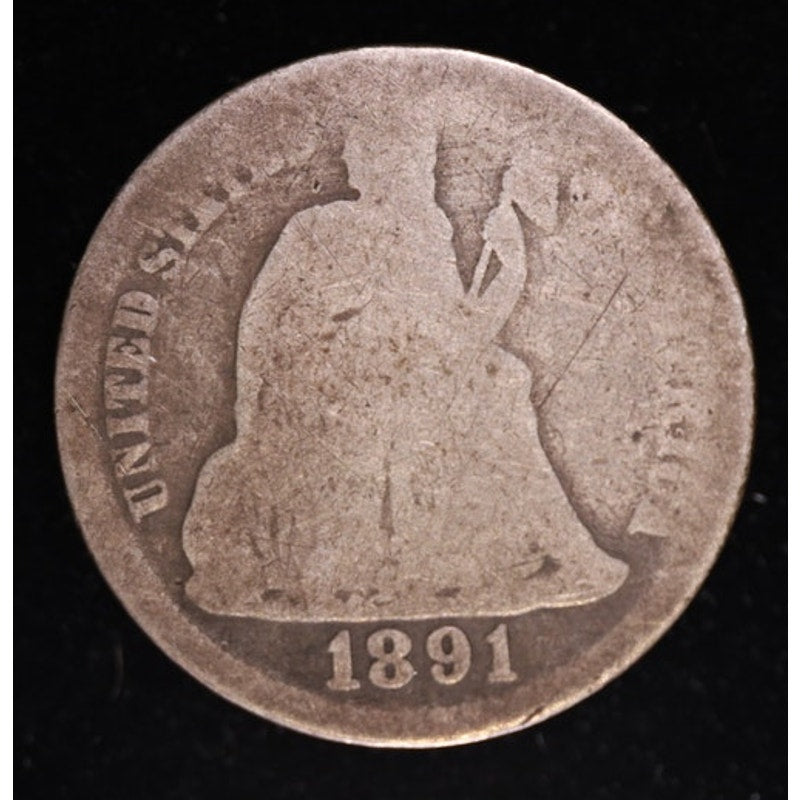 1891 Seated Liberty Dime 90 Percent Silver Coin Obverse
