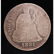1891 Seated Liberty Dime 90 Percent Silver Coin Obverse