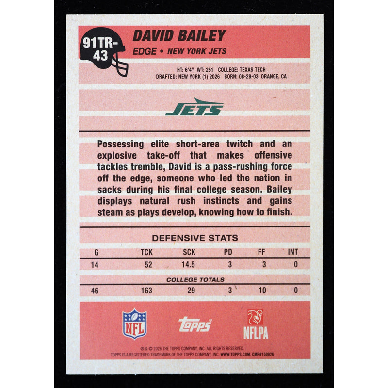 2026 Topps Flagship David Bailey RC 1991 Topps 91TR-43 Football back