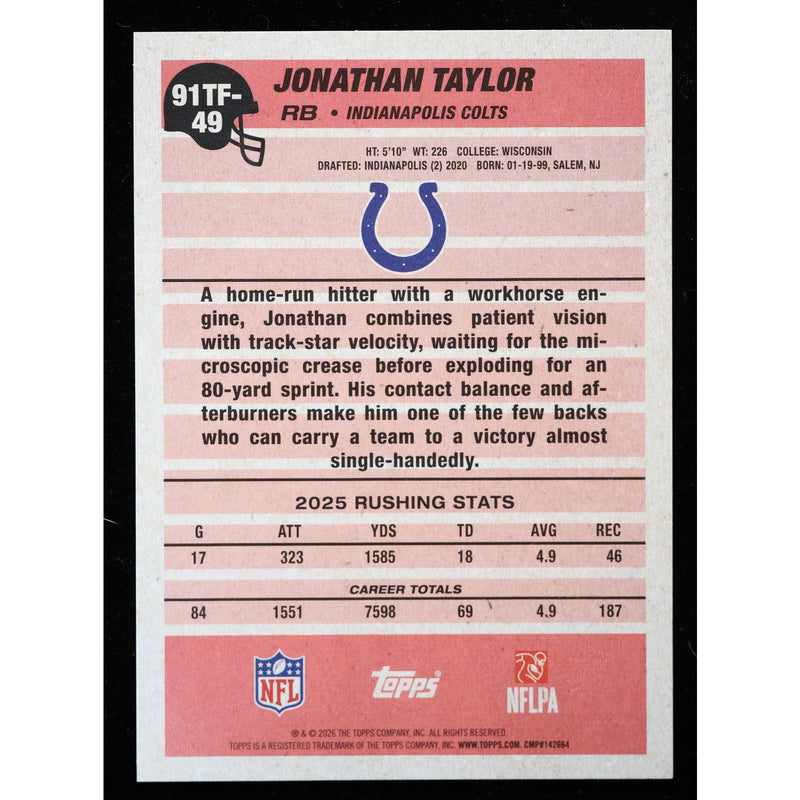 2026 Topps Flagship Jonathan Taylor 1991 Topps 91TF-49 Football back