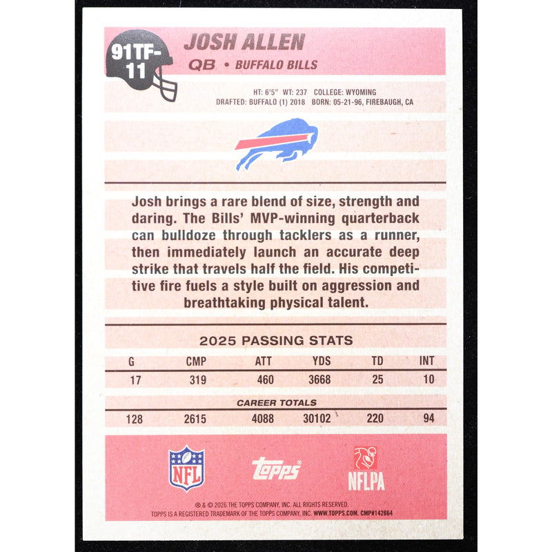 2026 Topps Football Josh Allen 1991 Crackle Foil 91TF-11 – Near Mint