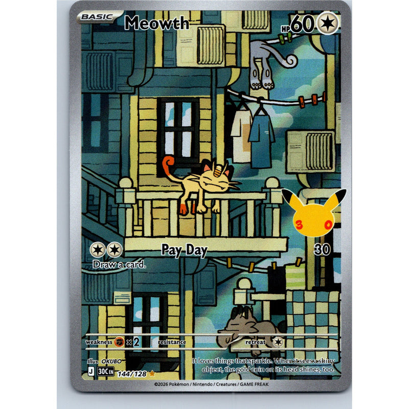 Pokemon Meowth 144/128 Illustration Rare 30th Celebration Holo English NM
