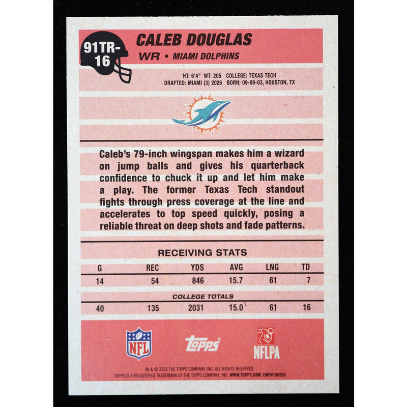 2026 Topps Flagship Caleb Douglas RC 1991 Topps 91TR-16 Football back