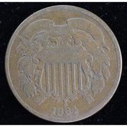Reverse of 1864 United States Two Cent Piece showing 2 CENTS within wreath, exact raw coin