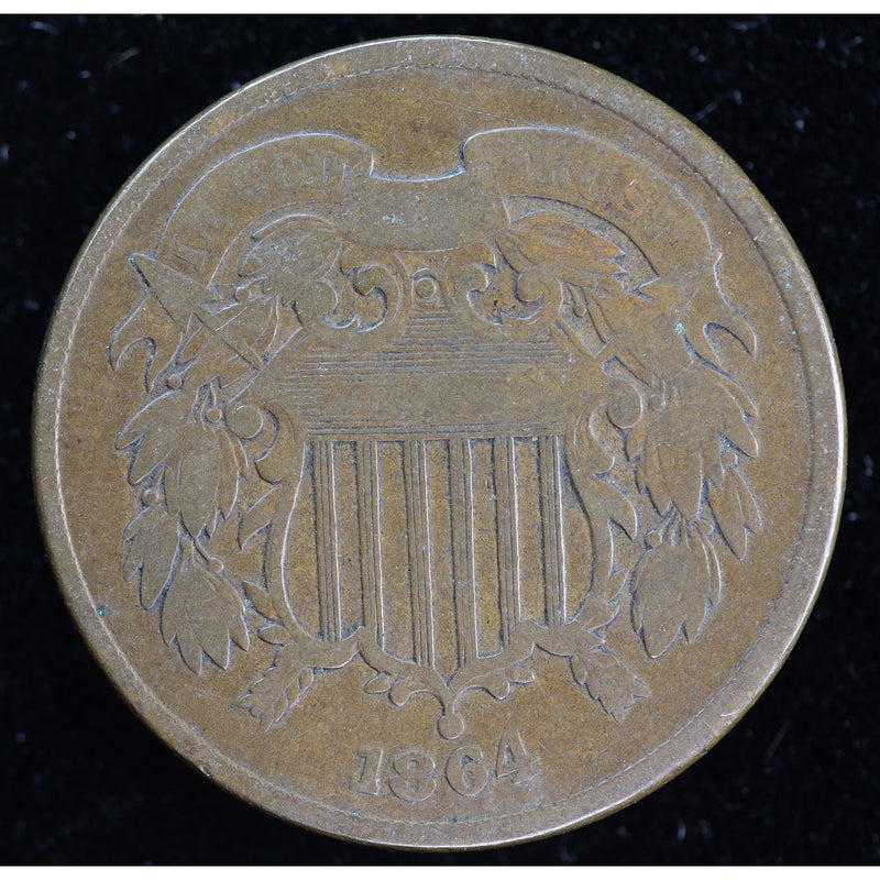Reverse of 1864 United States Two Cent Piece showing 2 CENTS within wreath, exact raw coin