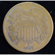 Reverse of 1865 United States Two Cent Piece showing 2 CENTS within wreath, exact raw coin