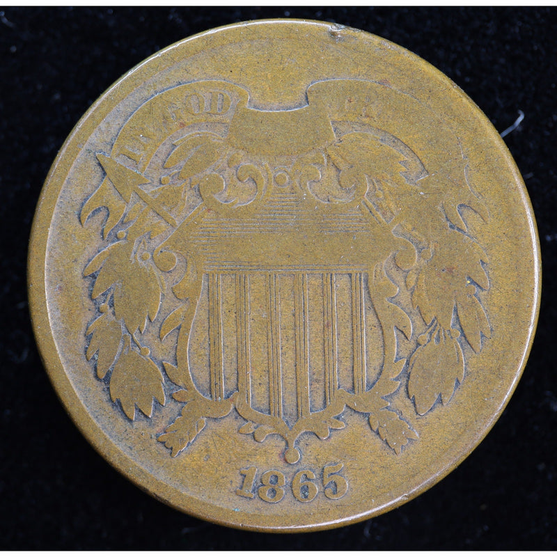 Reverse of 1865 United States Two Cent Piece showing 2 CENTS within wreath, exact raw coin
