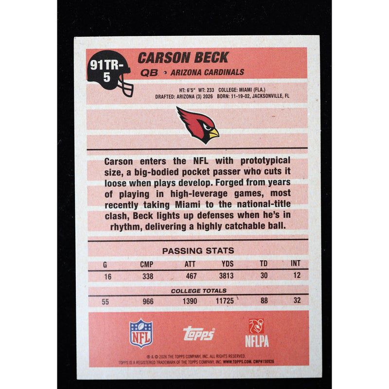 2026 Topps Flagship Carson Beck RC 1991 Topps 91TR-5 Crackle Foil back