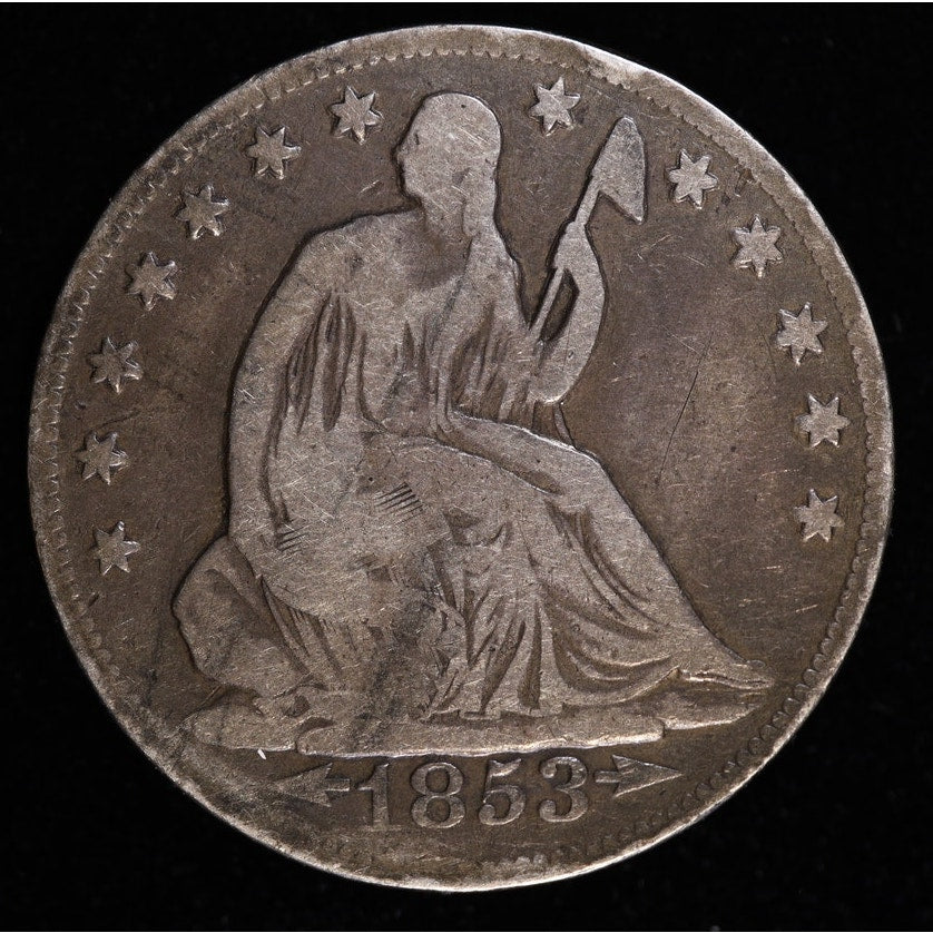 1853-O Arrows Rays Seated Liberty Half Dollar Silver Coin Obverse