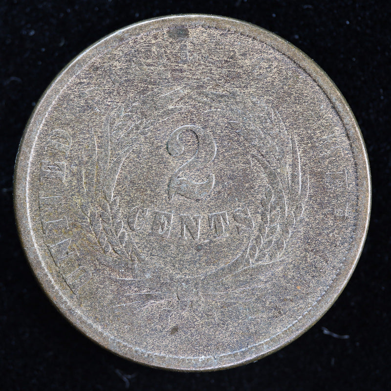 Obverse of 1864 United States Two Cent Piece with shield and visibly cleaned, abraded surfaces