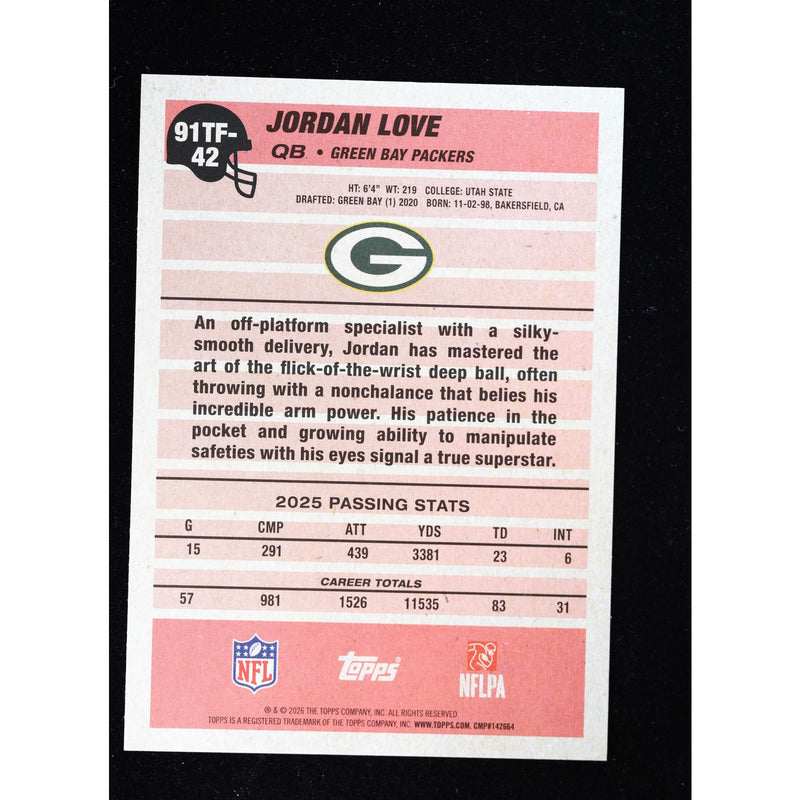 2026 Topps Flagship Jordan Love 1991 Topps Football 91TF-42 — Near Mint