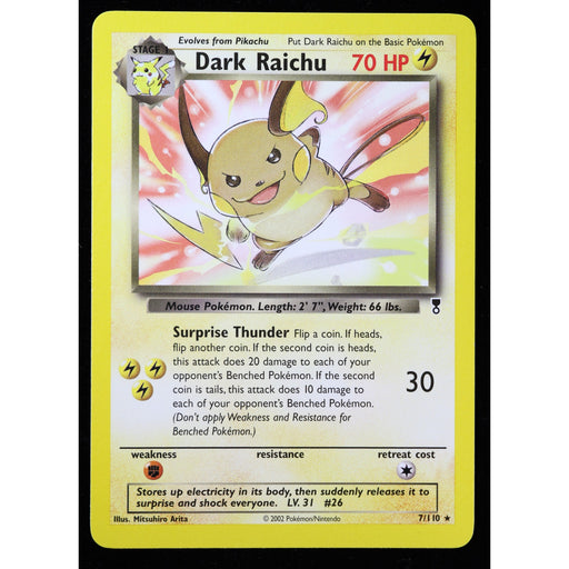 A single Pokémon trading card for Dark Raichu, photographed straight-on against a black background. The card has a yellow border, character artwork in the center, and printed text including the name Dark Raichu, 70 HP, and Pokémon branding.