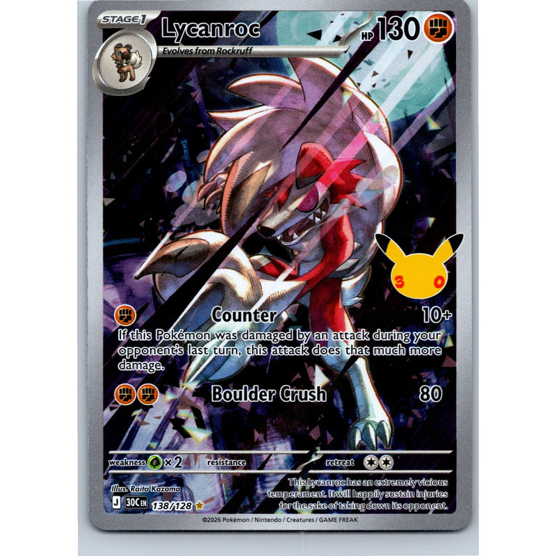 Pokemon Lycanroc 138/128 Illustration Rare 30th Celebration Holo English NM