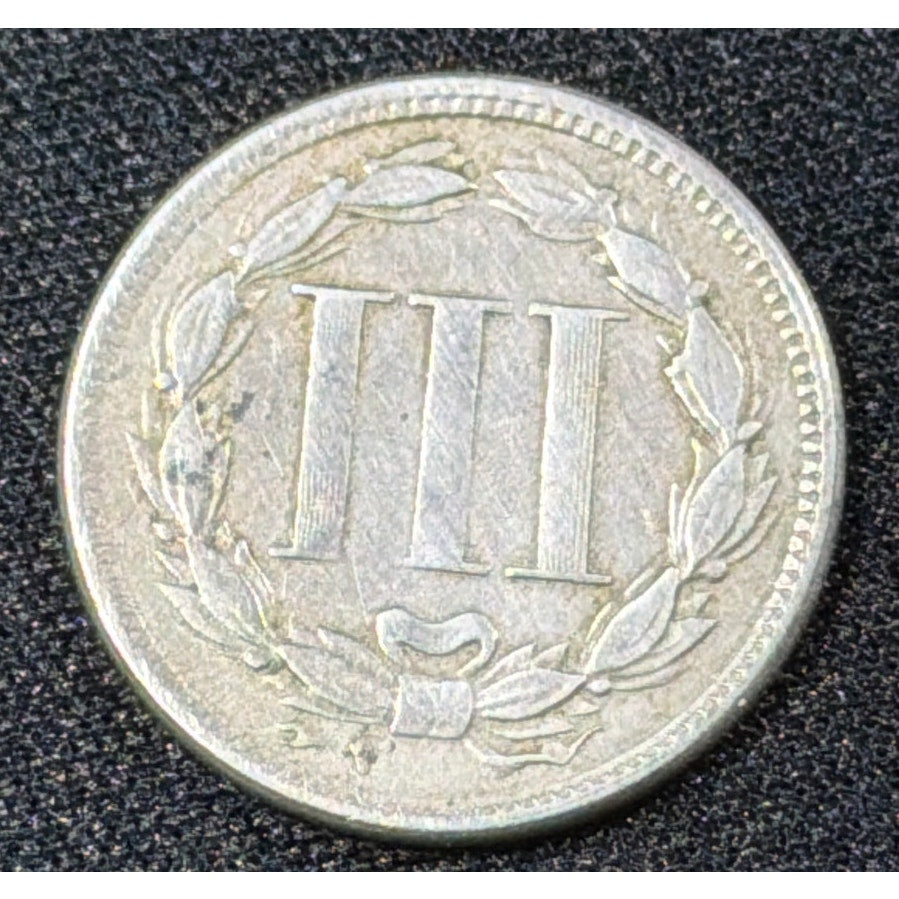 1865 Three Cent Nickel reverse VF detail early 3CN coin