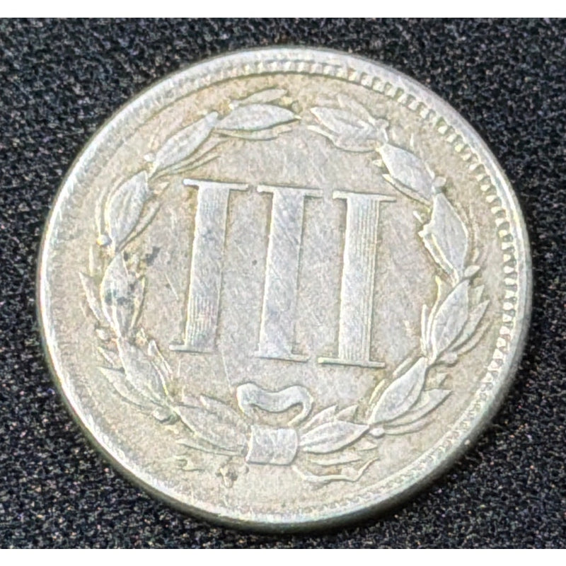1865 Three Cent Nickel reverse VF detail early 3CN coin
