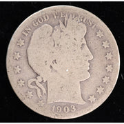 Obverse of 1903-S Barber half dollar showing Liberty head and circulated wear, exact raw silver coin
