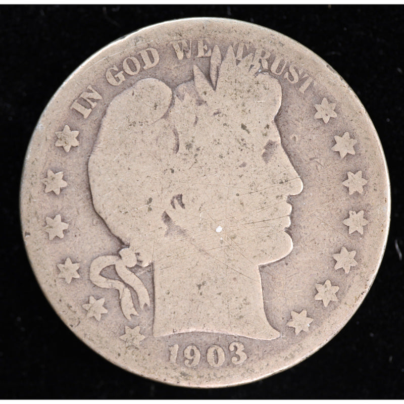Obverse of 1903-S Barber half dollar showing Liberty head and circulated wear, exact raw silver coin