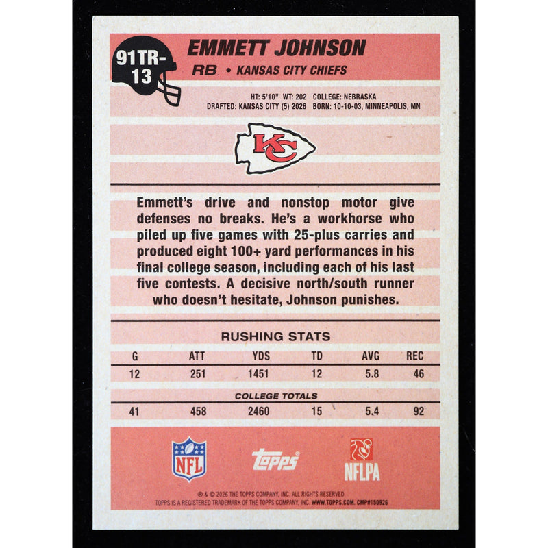 2026 Topps Flagship Emmett Johnson RC 1991 Topps 91TR-13 Football back
