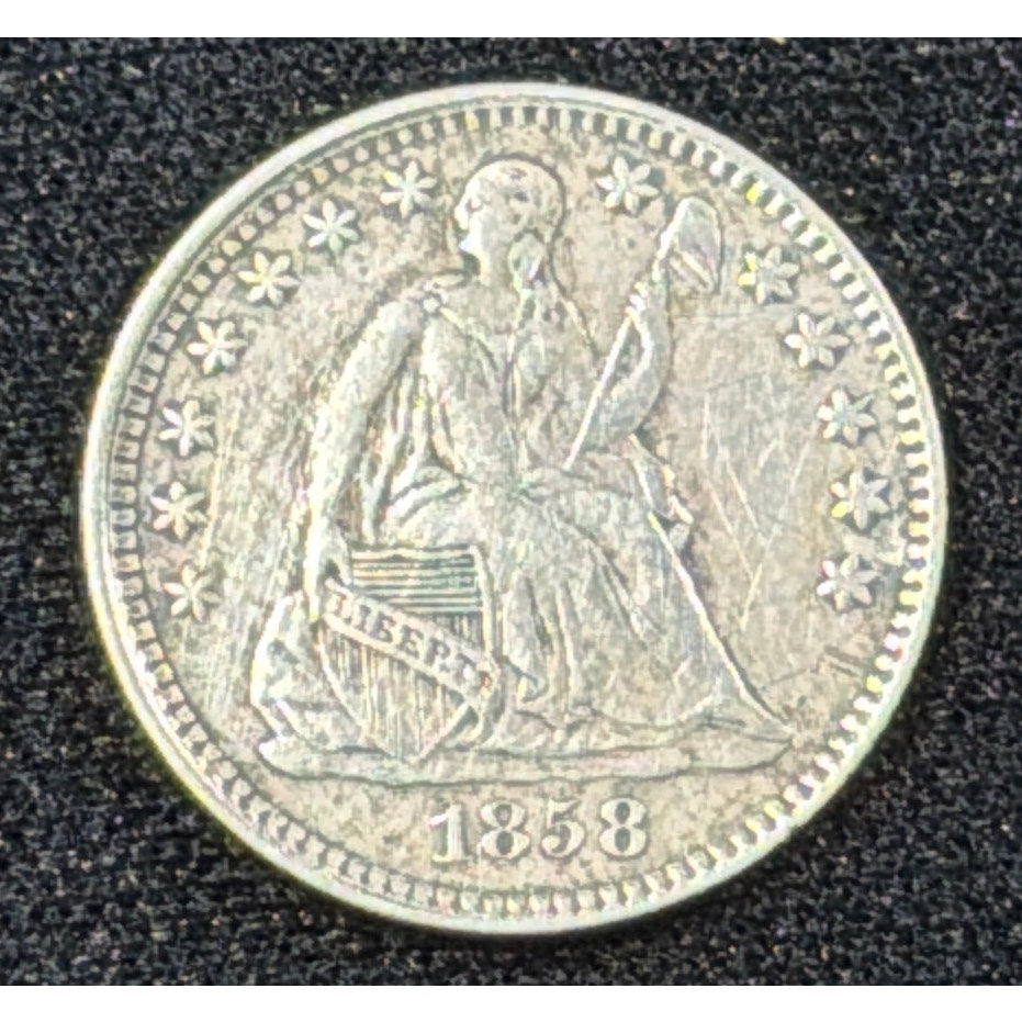 1858 Seated Liberty Half Dime obverse XF detail silver coin