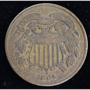 Reverse of 1864 United States Two Cent Piece showing 2 CENTS within wreath, exact raw coin