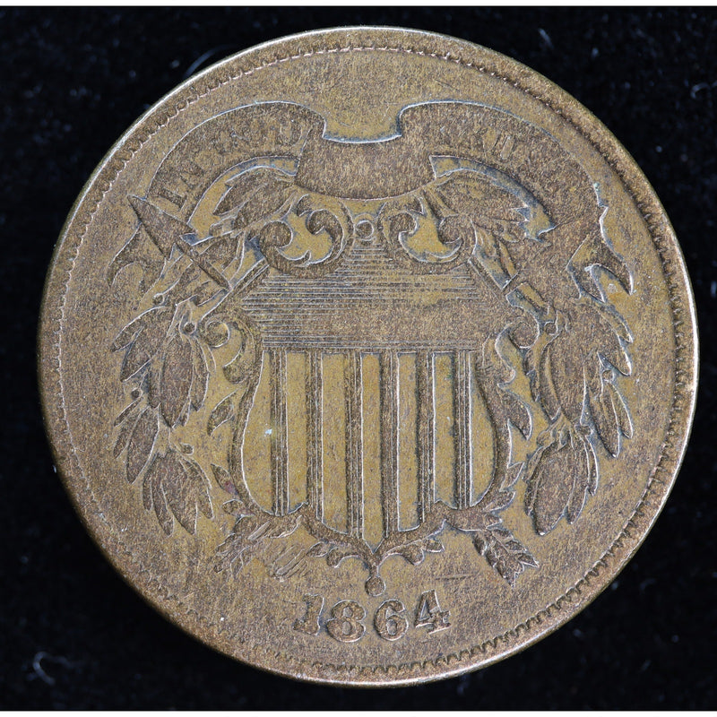 Reverse of 1864 United States Two Cent Piece showing 2 CENTS within wreath, exact raw coin