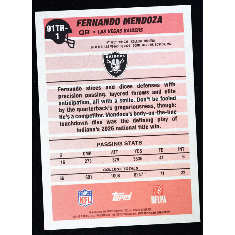 2026 Topps Flagship Fernando Mendoza RC 1991 Rookie 91TR-1 — Near Mint