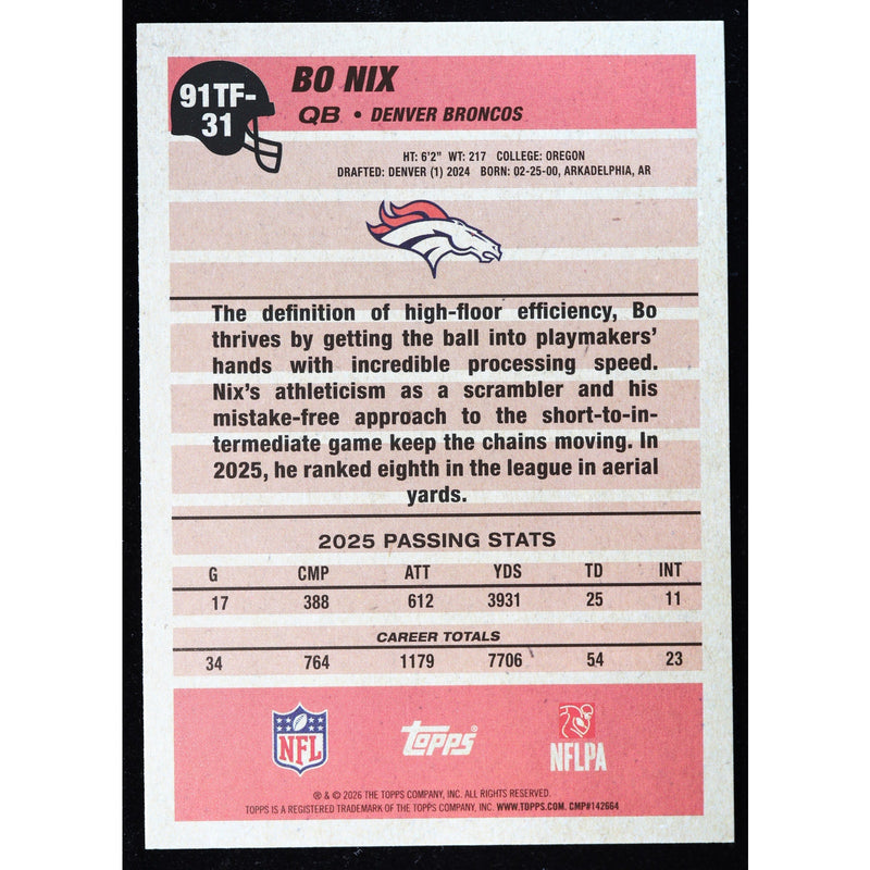 2026 Topps Flagship Bo Nix 1991 Crackle Foil 91TF-31 — Near Mint