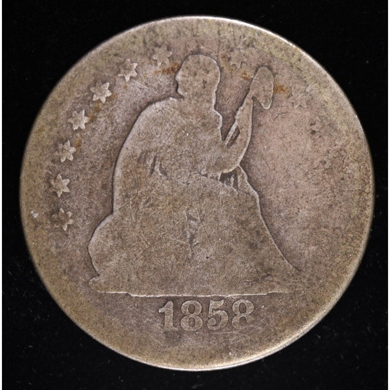 1858 Seated Liberty Quarter 90 Percent Silver Coin Obverse