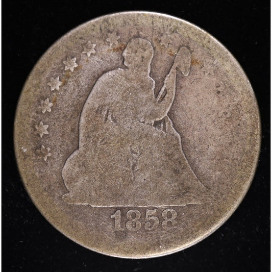 1858 Seated Liberty Quarter 90 Percent Silver Coin Obverse
