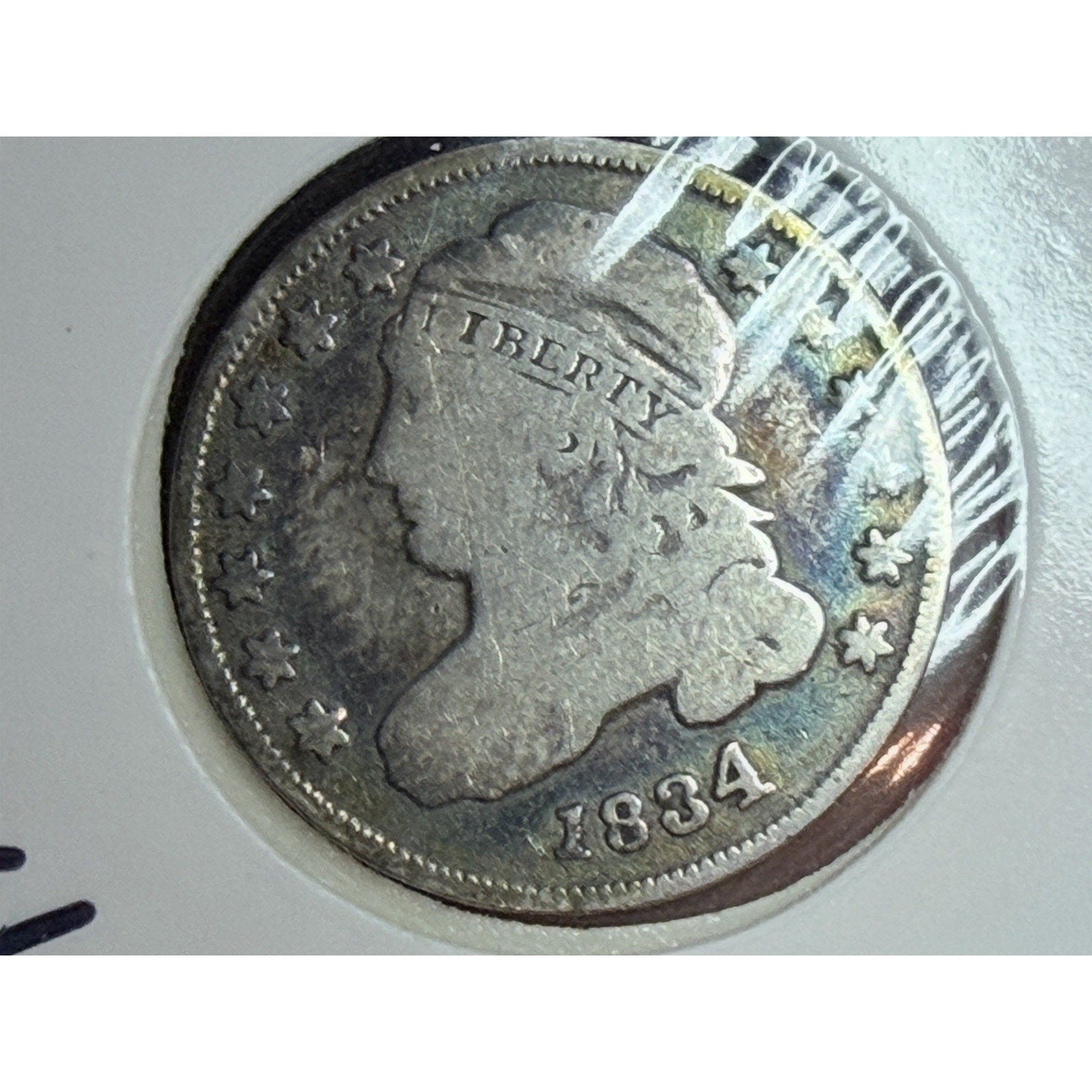 1834 Large 4 Capped Bust Dime reverse toned silver coin