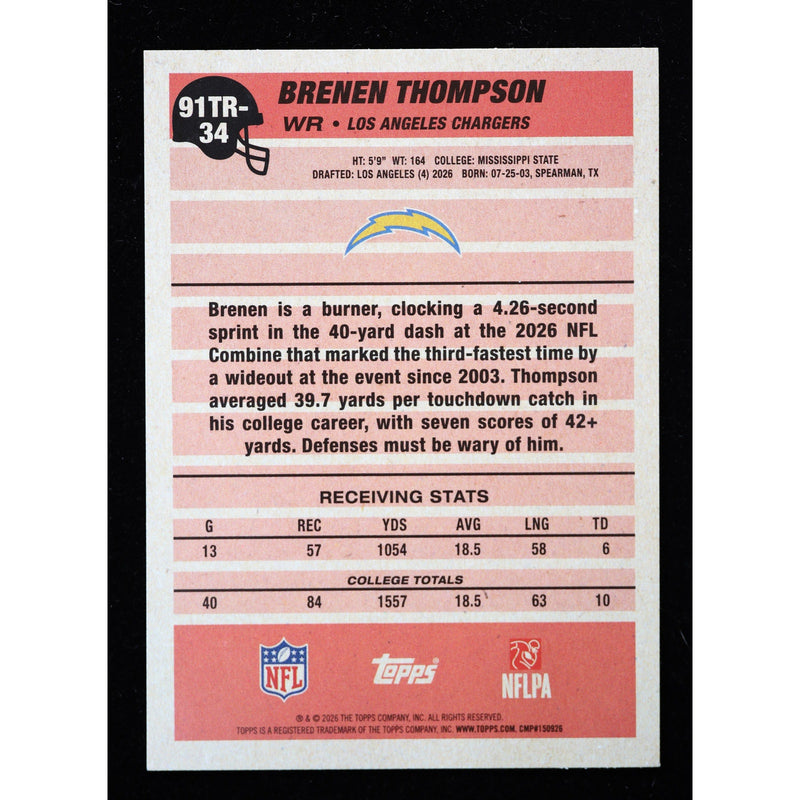2026 Topps Flagship Brenen Thompson RC 1991 Topps 91TR-34 Football back