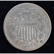 Reverse of 1864 United States Two Cent Piece showing 2 CENTS within wreath and cleaned surfaces