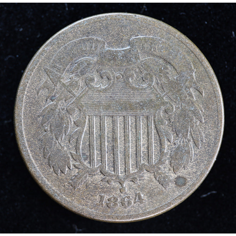 Reverse of 1864 United States Two Cent Piece showing 2 CENTS within wreath and cleaned surfaces